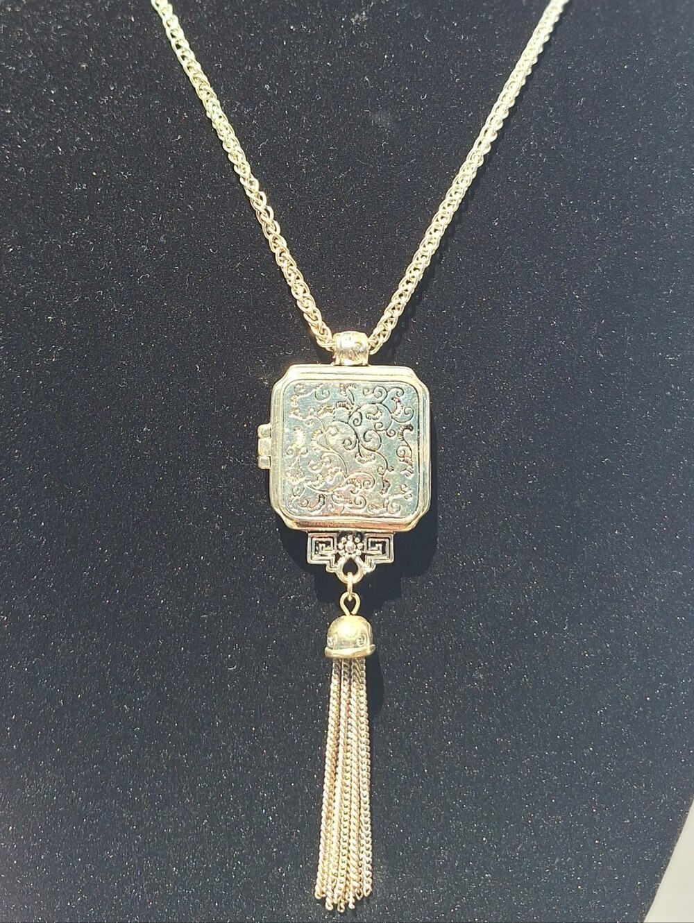 Silvet-Tone Ornate Locket Necklace with Tassel Pendant